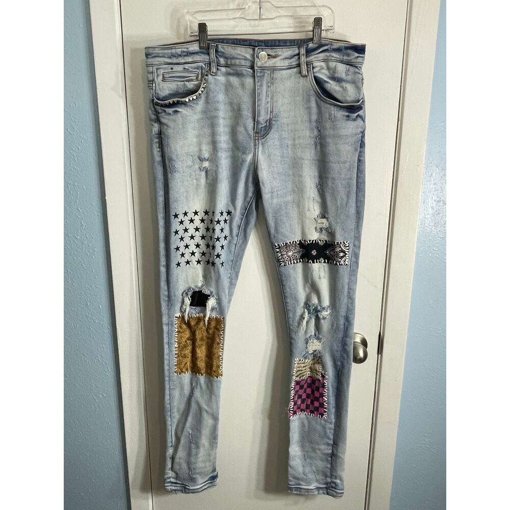 Embellish Jeans 36x32 High Rise Skinny Distressed Embroidered Patches Festival